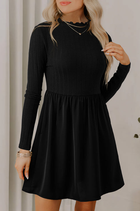 Frilled Mock Neck Ribbed Knit Mixed Media Mini Dress